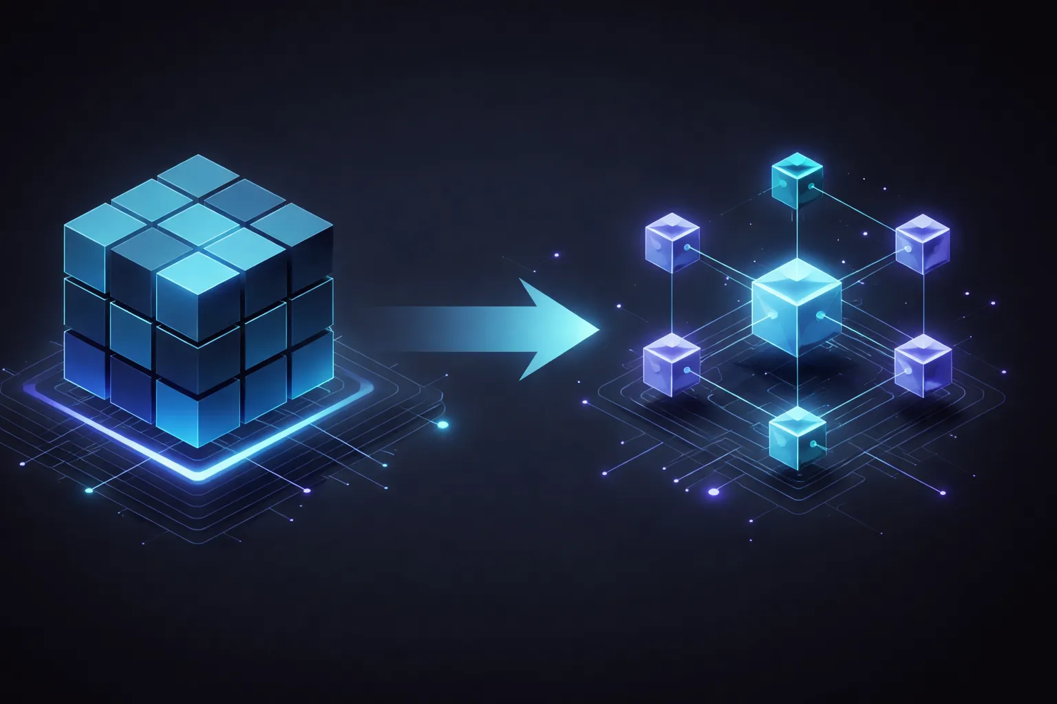 Isometric illustration of a single glowing blue cube splitting, via an arrow, into several smaller connected cubes: a monolith breaking into microservices on a circuit-board background.