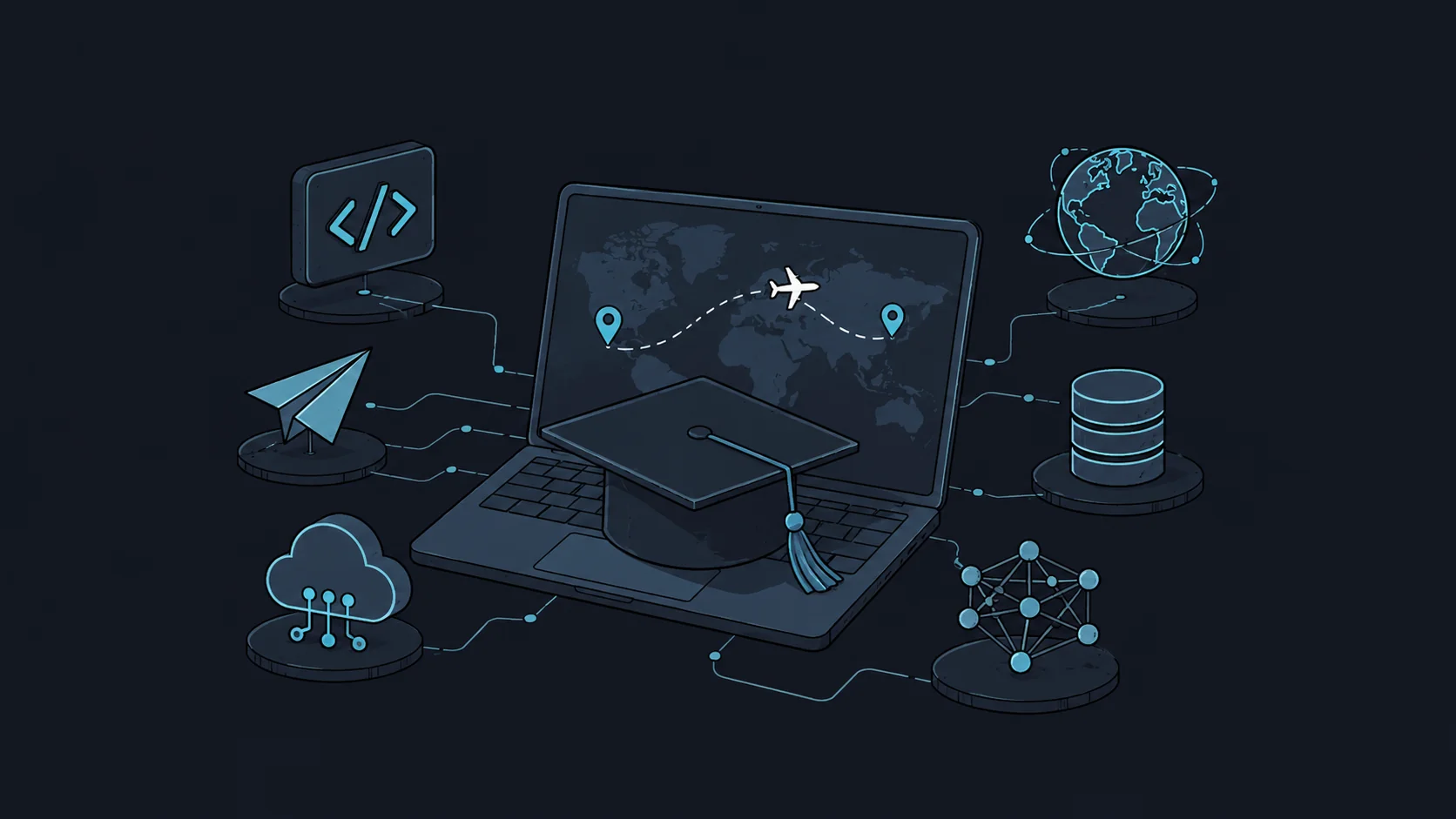 Ilustración oscura con brillo azul neón: un birrete de graduación sobre un portátil que muestra un mapa del mundo con una ruta de vuelo, rodeado de iconos holográficos de código, nube, base de datos, red neuronal y un globo terráqueo.