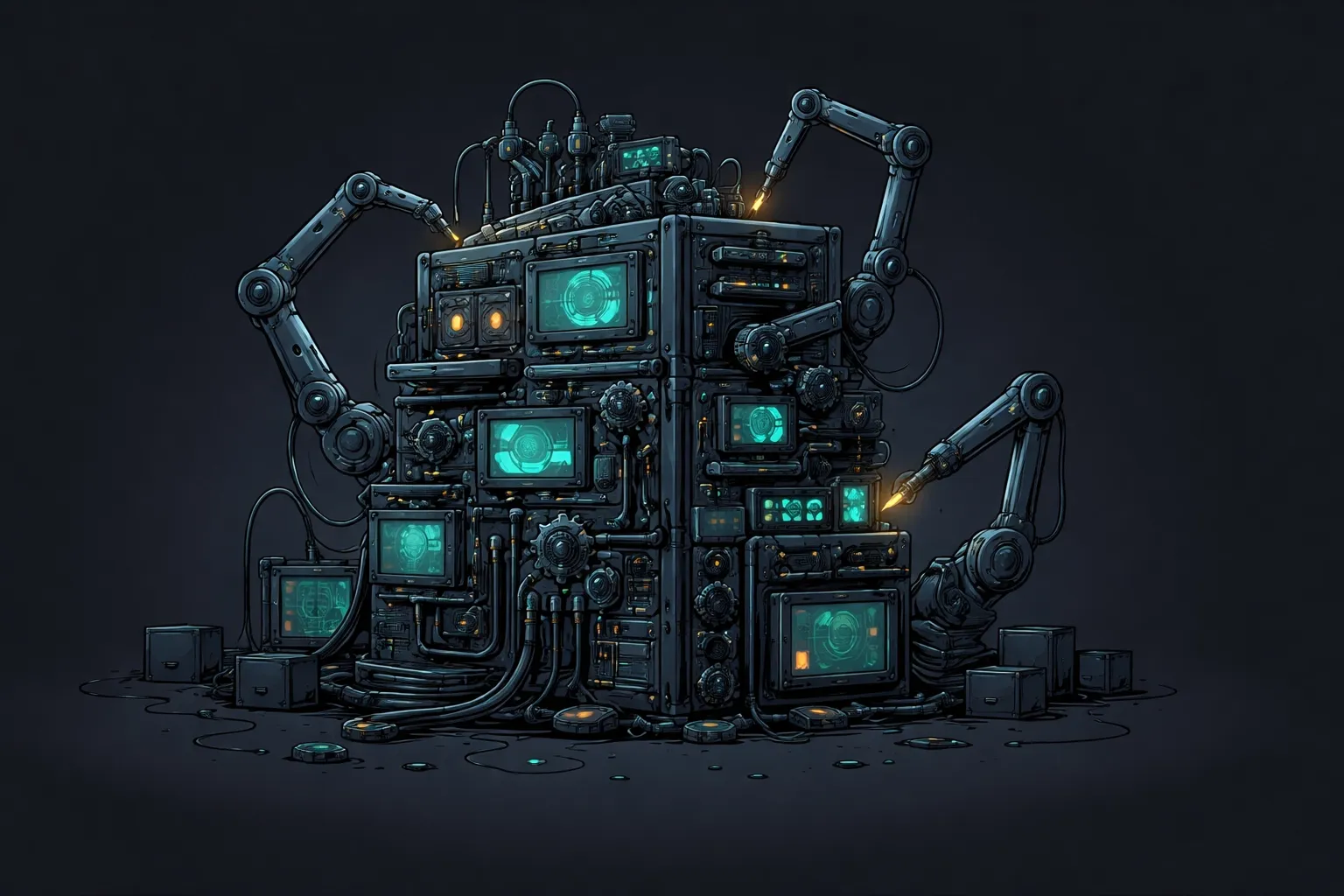 Cartoon of an absurdly over-engineered machine: a black box covered in screens, gauges, gears, pipes, cables and robotic arms, a visual metaphor for over-engineering.