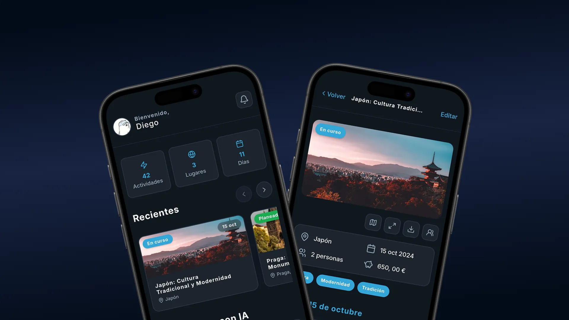 Two smartphones showing the TripFlow app: a dashboard welcoming Diego with trip stats, and a trip detail screen for a Japan itinerary with a photo of a Japanese city and pagoda.