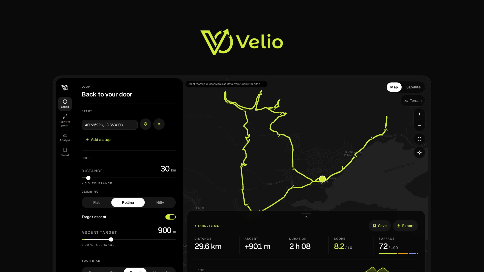 The Velio logo in pistachio green above a screenshot of the planner: a 29.6 km gravel loop in Manzanares el Real scored 8.2 out of 10.