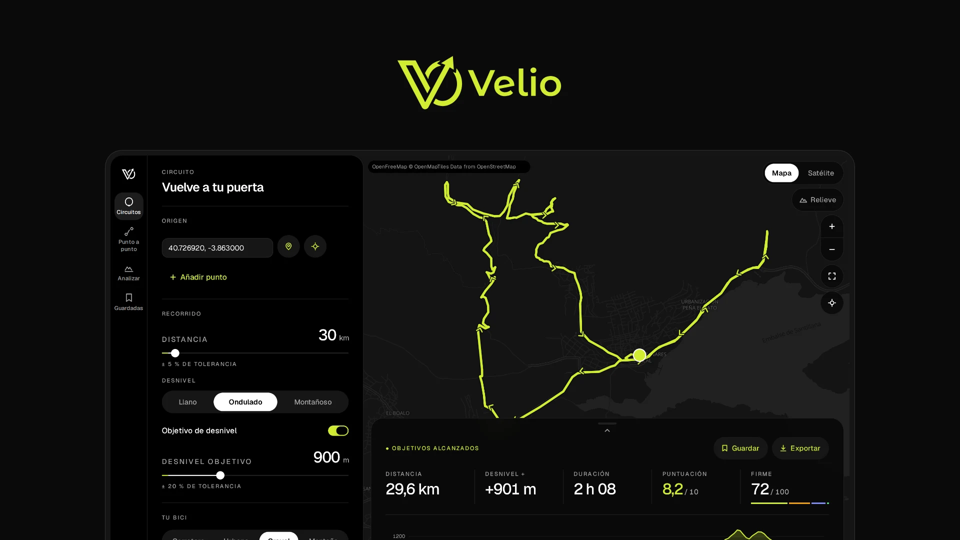 Logotipo de Velio en verde pistacho sobre una captura del planificador: un circuito de gravel de 29,6 km en Manzanares el Real con una nota de 8,2 sobre 10.